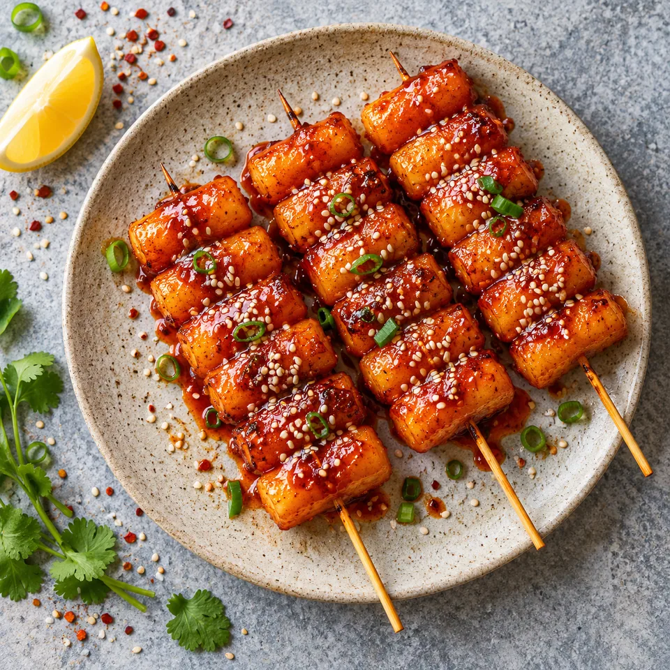 Tteok-kkochi : quatre brochettes de riz laquées de sauce rouge et parsemées de sésame sur une assiette beige.