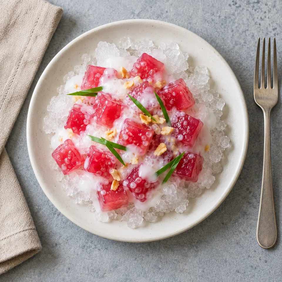 Tub tim krob : dés de châtaignes d'eau roses sur glace pilée, nappés de lait de coco dans une assiette blanche.