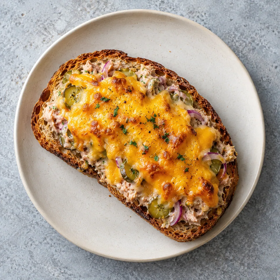 Tuna melt au cheddar sur pain de campagne : pain doré, garniture de thon et yaourt, cheddar fondu brillant.