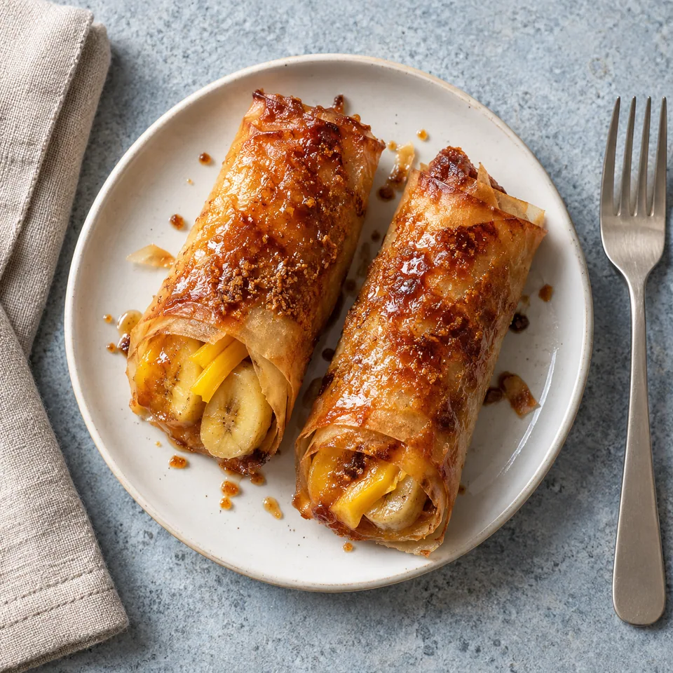 Deux turon dorés et croustillants sur une petite assiette blanche, garnis de banane et jacquier.