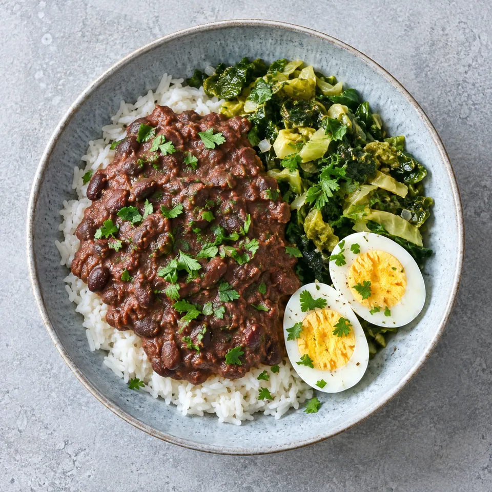 Assiette de tutu de feijão : riz, purée de haricots rouges, chou vert sauté et œufs durs coupés en deux, parsemés de persil.