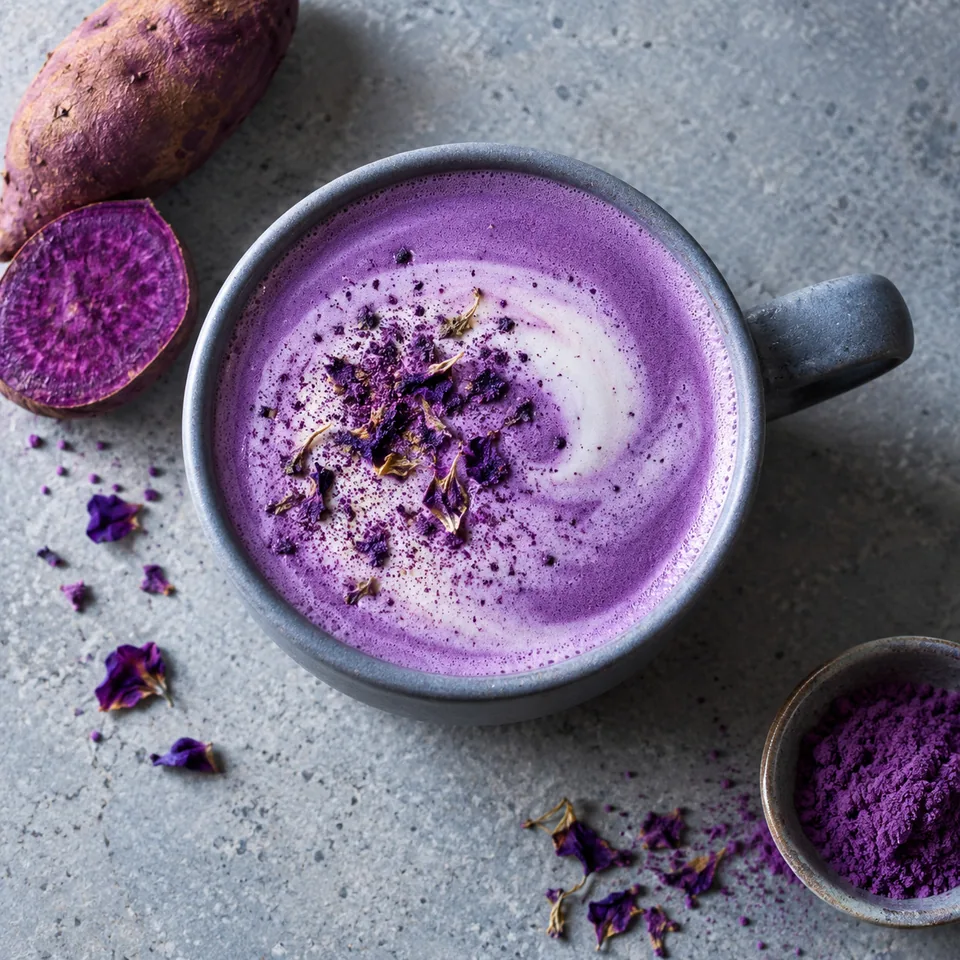 Ube latte à la patate douce violette dans un mug bleu-gris, boisson violette onctueuse et mousseuse.