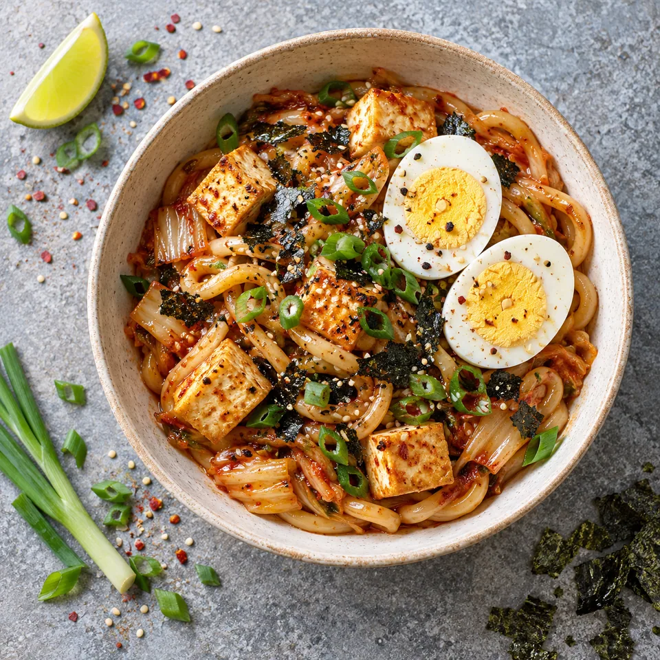 Udon au chou fermenté, tofu et œuf bien cuit dans un grand bol crème, garni de ciboule et nori.