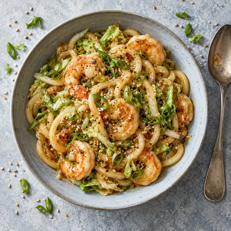 Assiette creuse bleu-gris contenant des udon sautés aux crevettes, sauce miso dorée, chou et ciboule, parsemés de sésame.