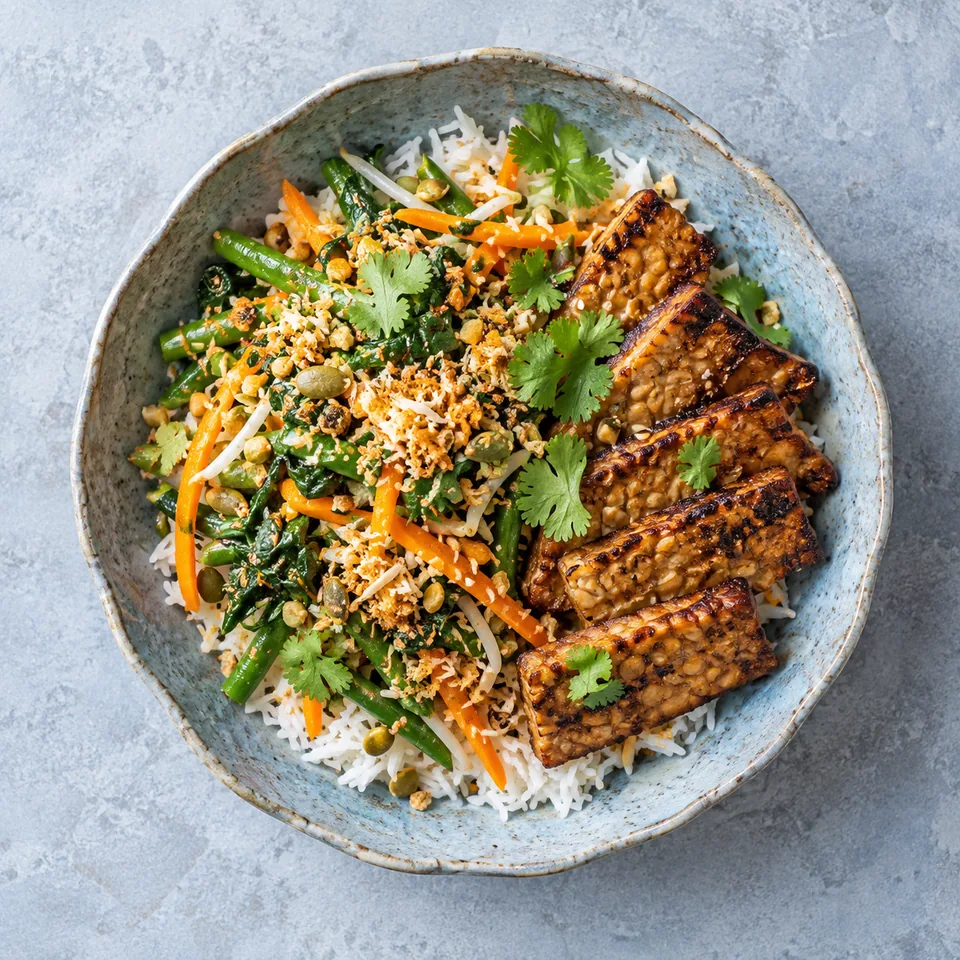 Bol de riz Urap aux légumes, tempeh grillé doré, coco toastée et coriandre fraîche.
