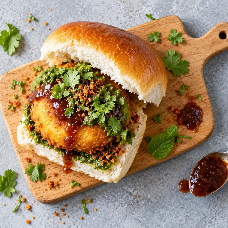 Vada pav : petit pain fendu garni d'une galette de pomme de terre dorée, sauce aux herbes et chutney sur une planche en bois.