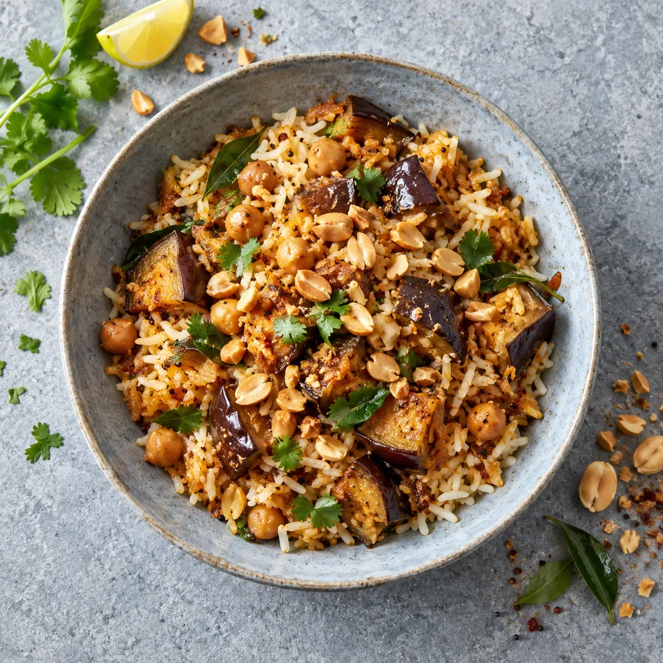 Vangi bath : riz épicé aux aubergines et pois chiches dans une assiette creuse bleu-gris, garni de cacahuètes concassées.