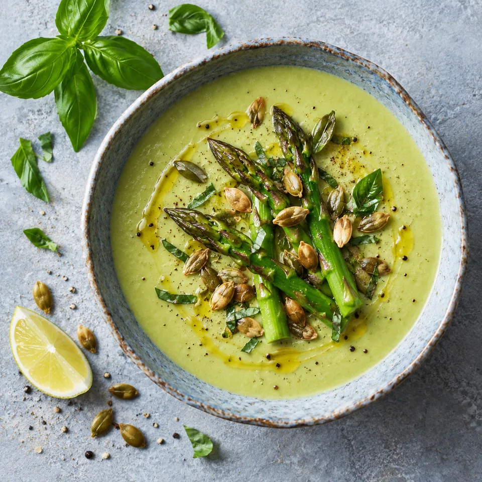 Velouté d’asperges vertes au basilic dans un bol bleu-gris, garni de pointes d'asperges et de graines de courge dorées.
