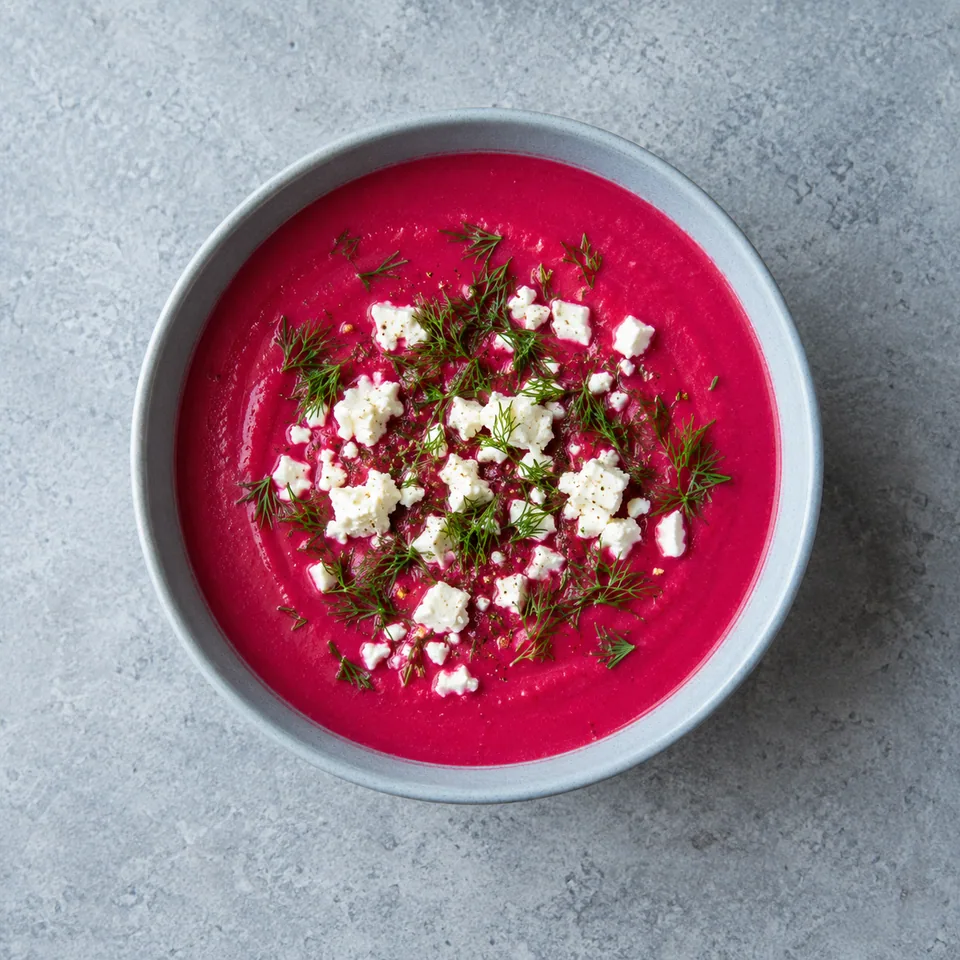 Bol de velouté de betterave rose vif, garni de miettes de feta blanche et d'aneth vert frais.