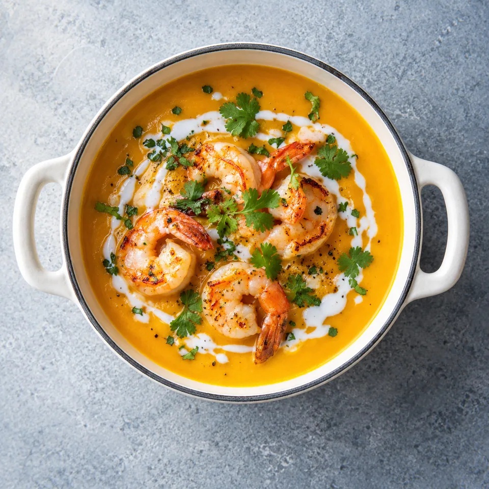 Velouté de butternut, coco et crevettes dans une cocotte blanche, garni de crevettes roses et coriandre.