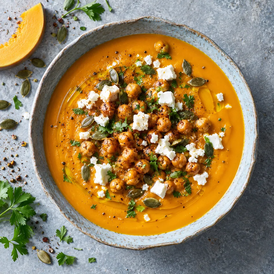 Velouté de butternut, pois chiches grillés et feta dans un bol bleu-gris, garni de pois chiches dorés, de feta et de graines.