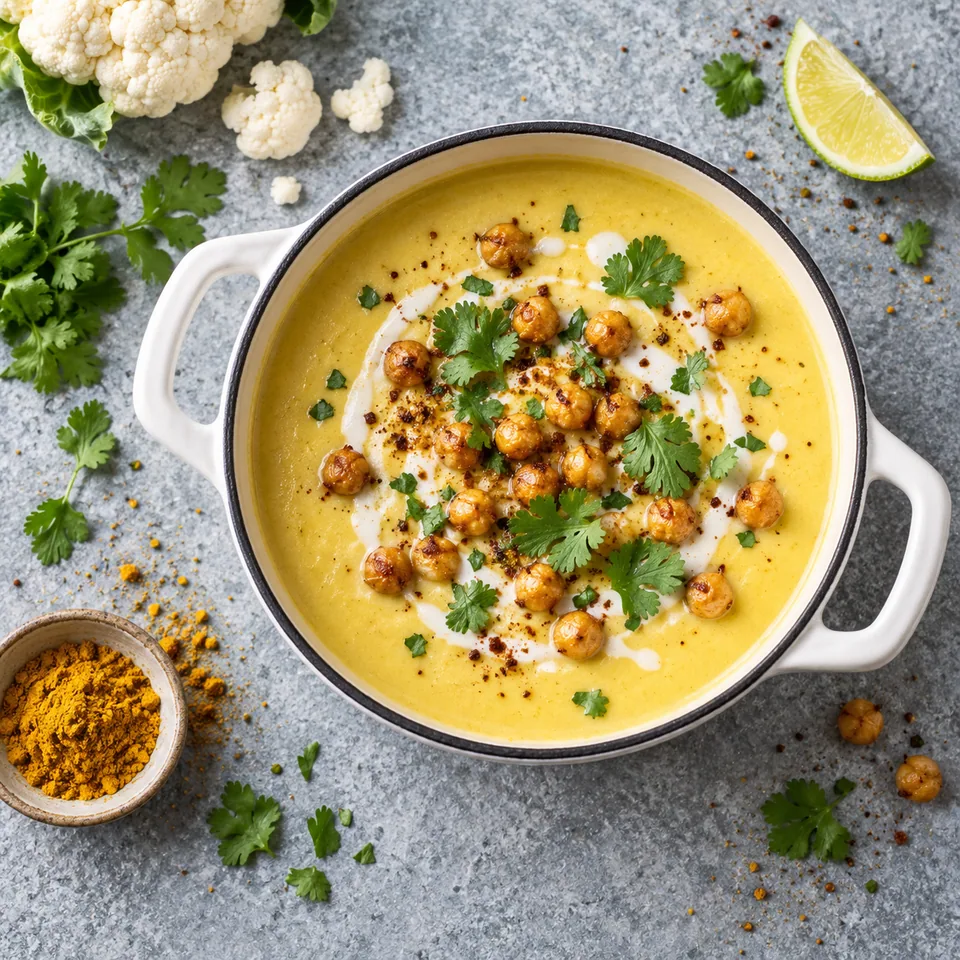 Velouté de chou-fleur au curry dans une cocotte, garni de pois chiches dorés et coriandre fraîche.