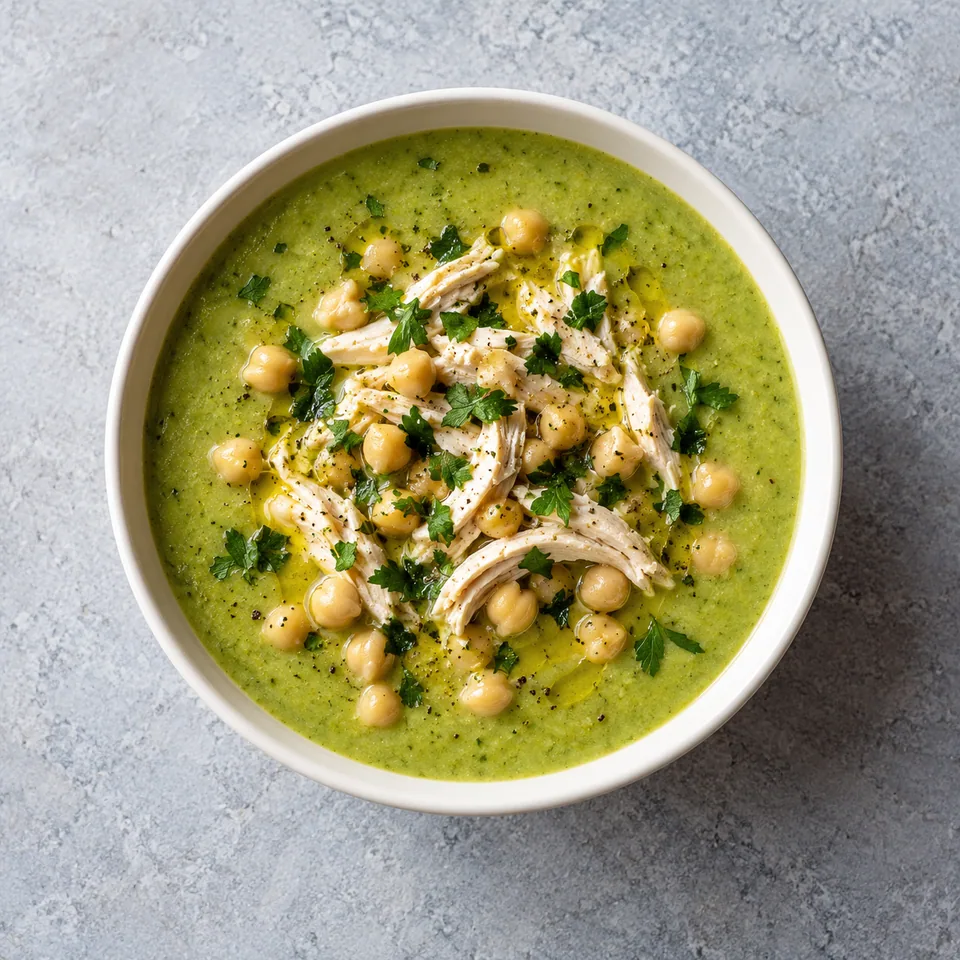 Velouté de courgettes au poulet et pois chiches : soupe verte lisse avec pois chiches, poulet effiloché et persil.