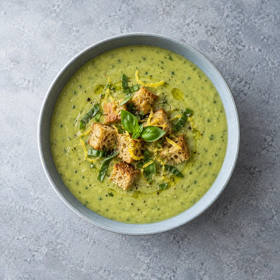 Velouté de courgettes aux haricots blancs, soupe vert pâle épaisse garnie de croûtons dorés.