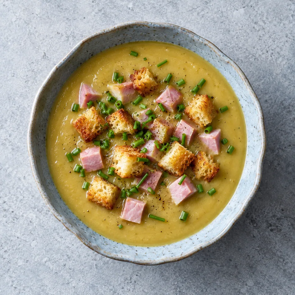 Bol de velouté de pois cassés au jambon et croûtons, garni de ciboulette.