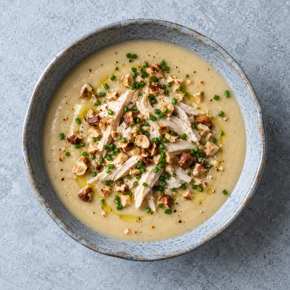 Bol de velouté de topinambour au poulet effiloché, garni de noisettes et ciboulette