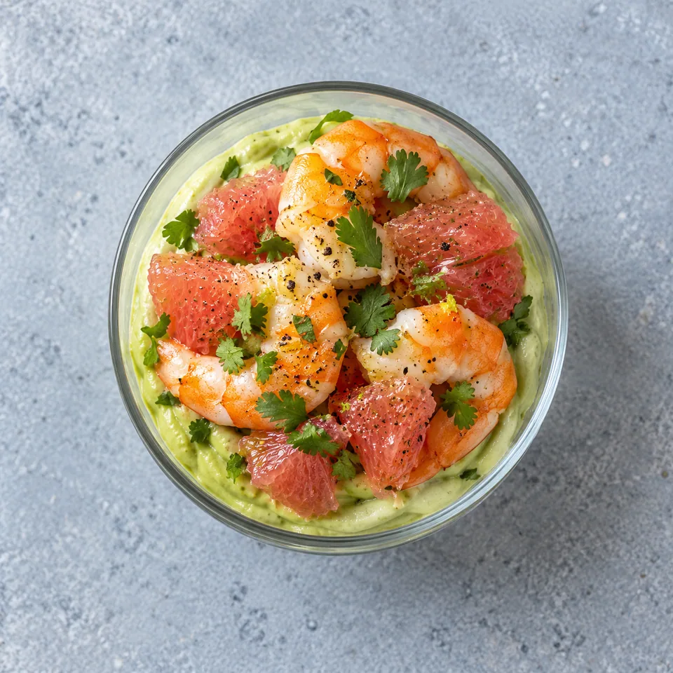 Verrine d’avocat, crevettes et pamplemousse : crème verte, agrumes roses et crevettes orange dans un verre transparent.