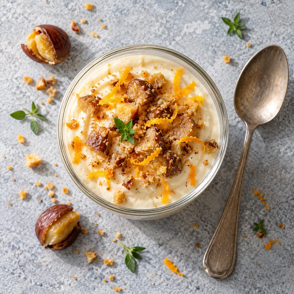 Verrines de châtaigne au tofu soyeux : mousse blanche lisse garnie de miettes de châtaignes dorées et zestes d'orange frais dans un verre transparent.