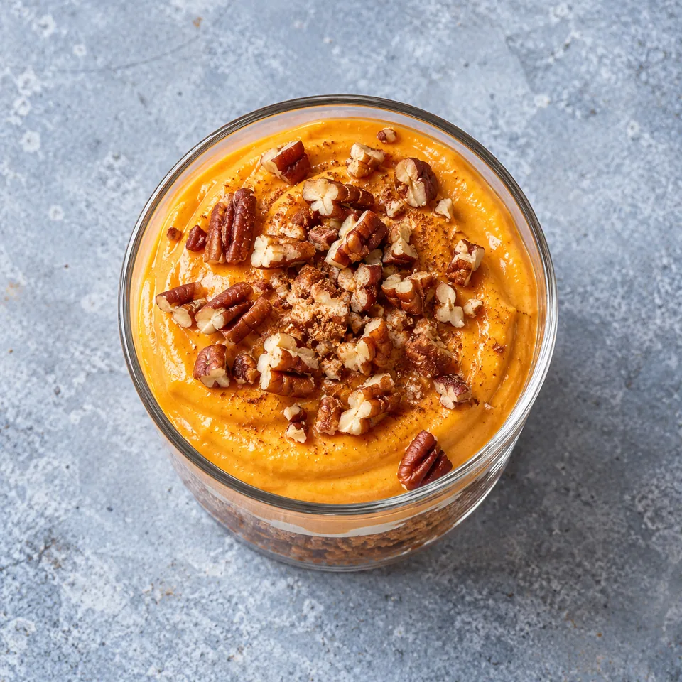 Verrine façon pumpkin pie : base de spéculoos, crème de potiron orange et noix de pécan hachées.