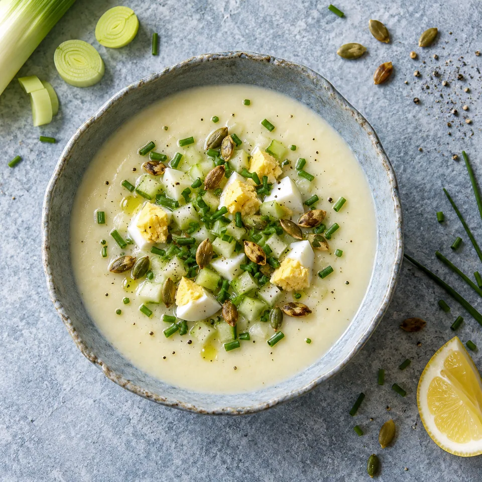 Bol de vichyssoise froide garnie de radis, œuf dur, ciboulette et graines de courge.