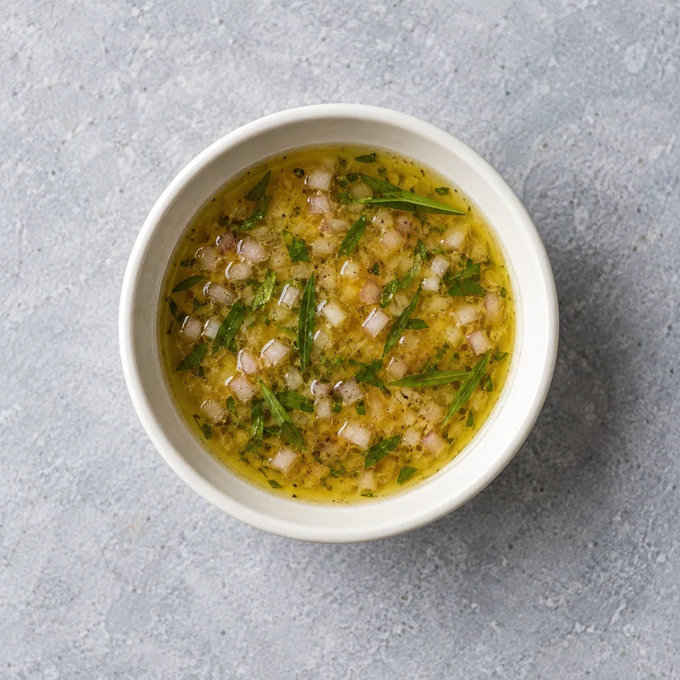 Vinaigrette à l’échalote et à l’estragon dans un petit bol, sauce dorée parsemée d’échalote et d’herbes vertes.