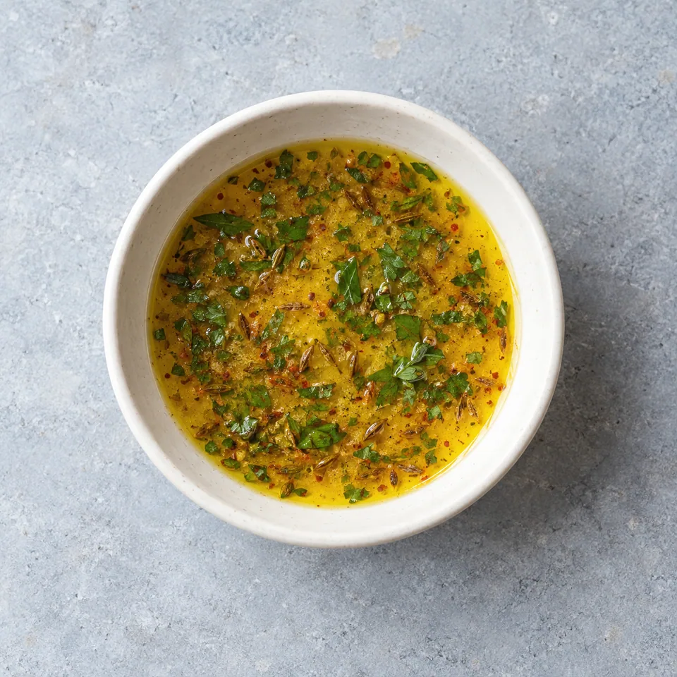 Vinaigrette au cumin et au citron, sauce jaune doré parsemée de persil frais ciselé dans un petit bol.