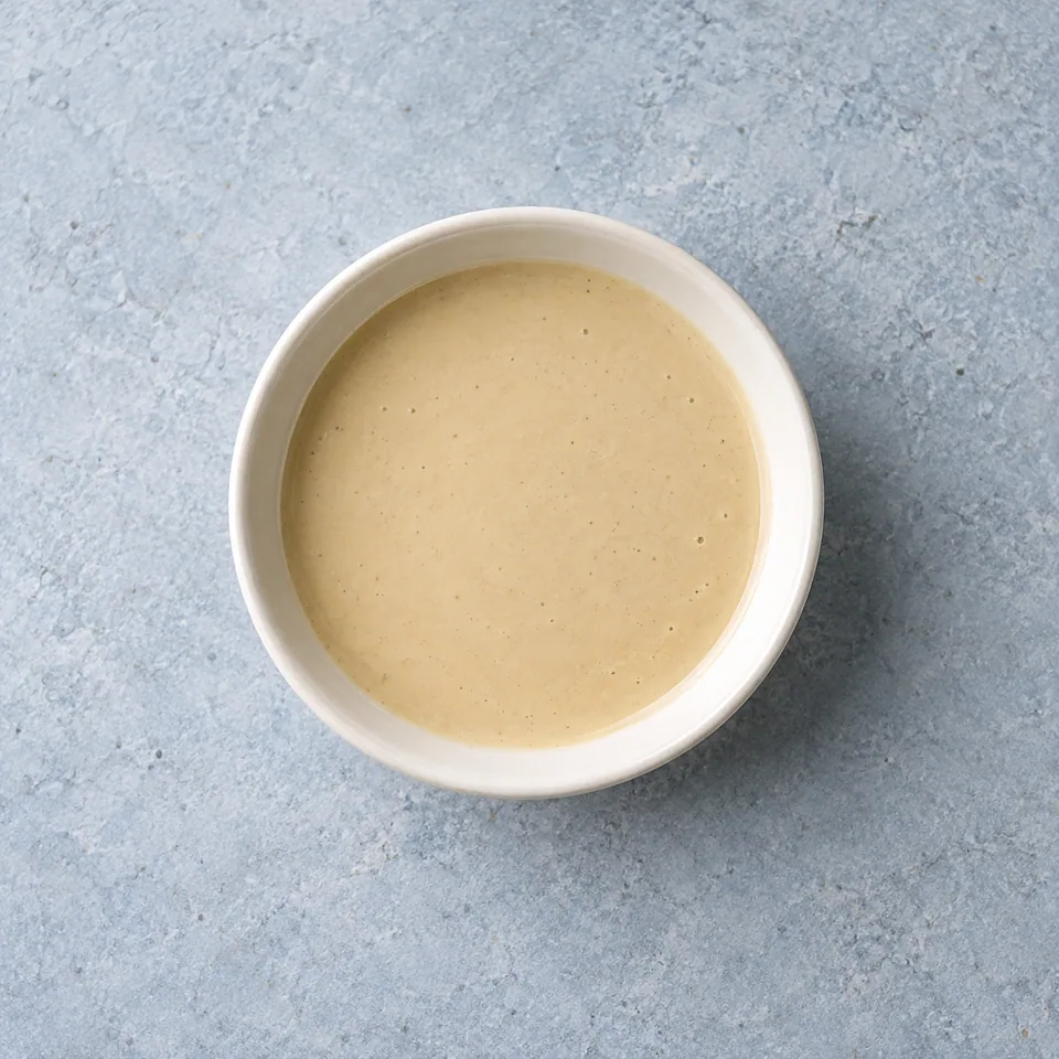 Vinaigrette au tahini et citron : petite portion de sauce beige lisse servie dans un bol.