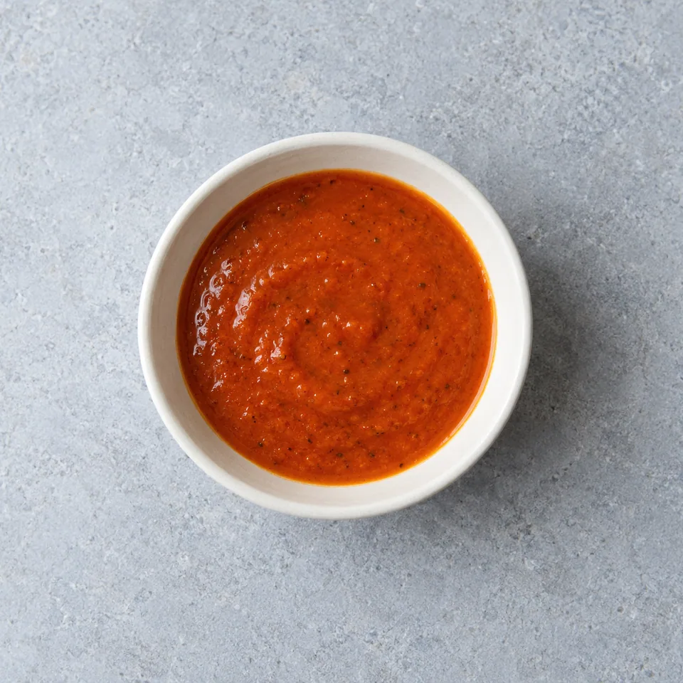 Vinaigrette aux tomates séchées, sauce lisse rouge orangé servie en petite portion dans un bol.