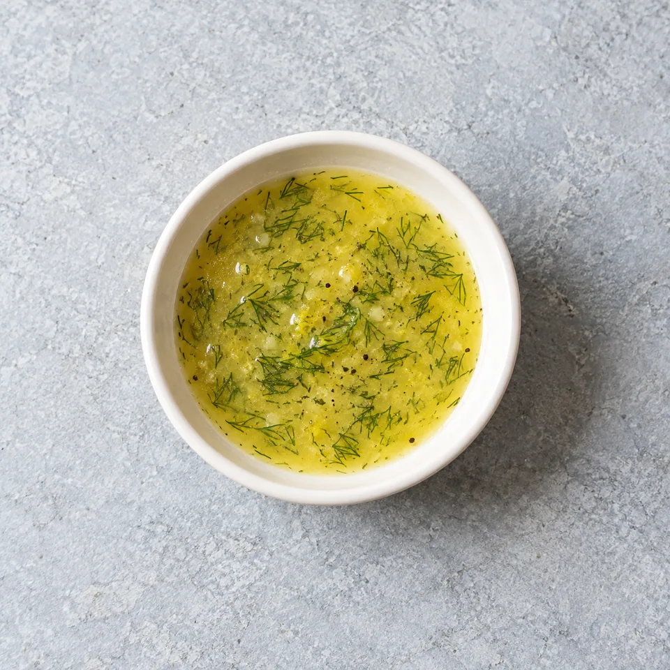 Vinaigrette citron-aneth jaune pâle dans un petit bol, parsemée de fines feuilles d’aneth ciselé.