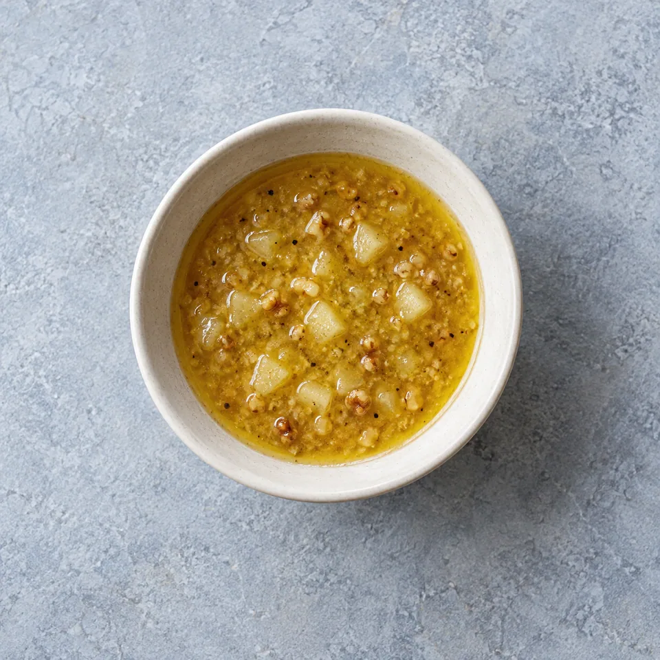 Vinaigrette poire et noix : petite portion de sauce jaune doré, homogène et légèrement granuleuse, dans un bol.