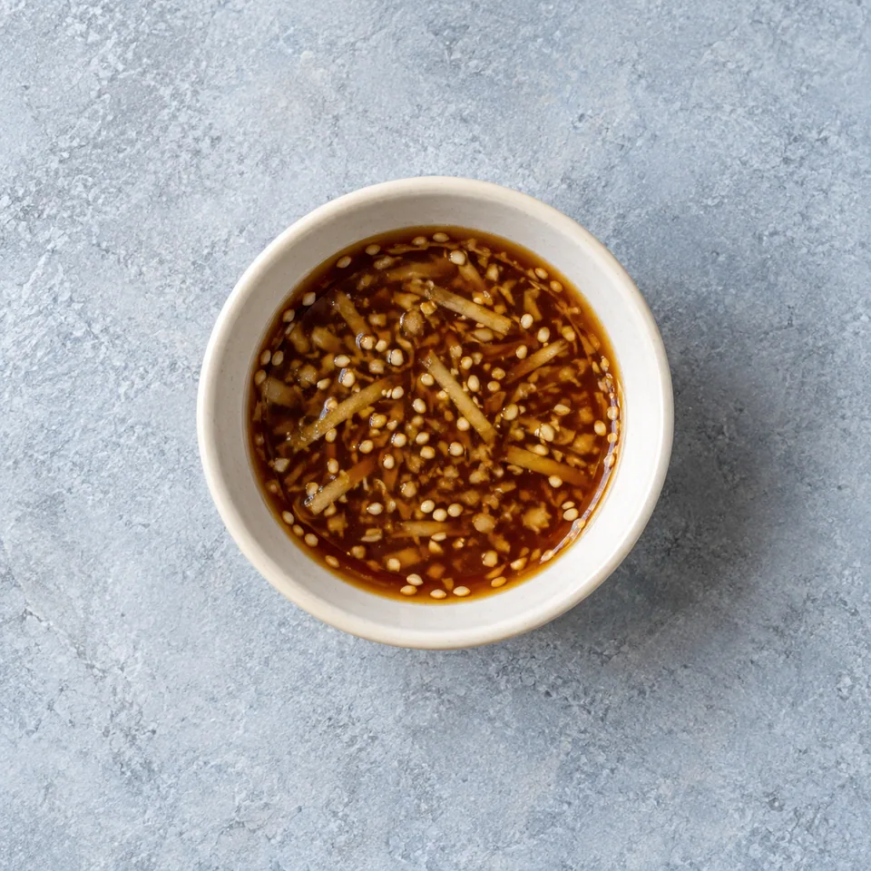 Vinaigrette soja-sésame : petite portion de sauce brun ambré brillante, avec de fins fragments de gingembre râpé.