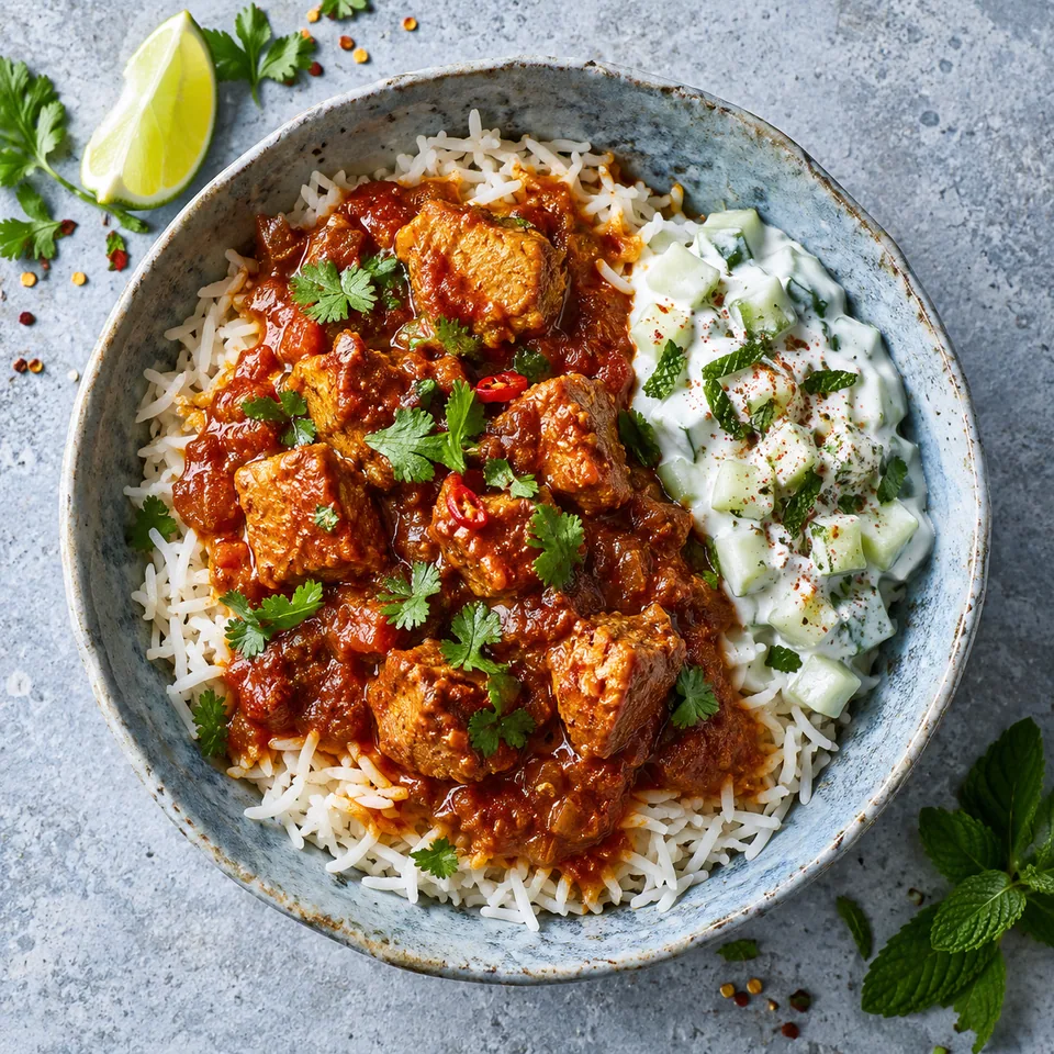 Bol de vindaloo de porc à la sauce tomate rouge sur riz blanc, accompagné d'une quenelle de raïta blanche au concombre vert et menthe.