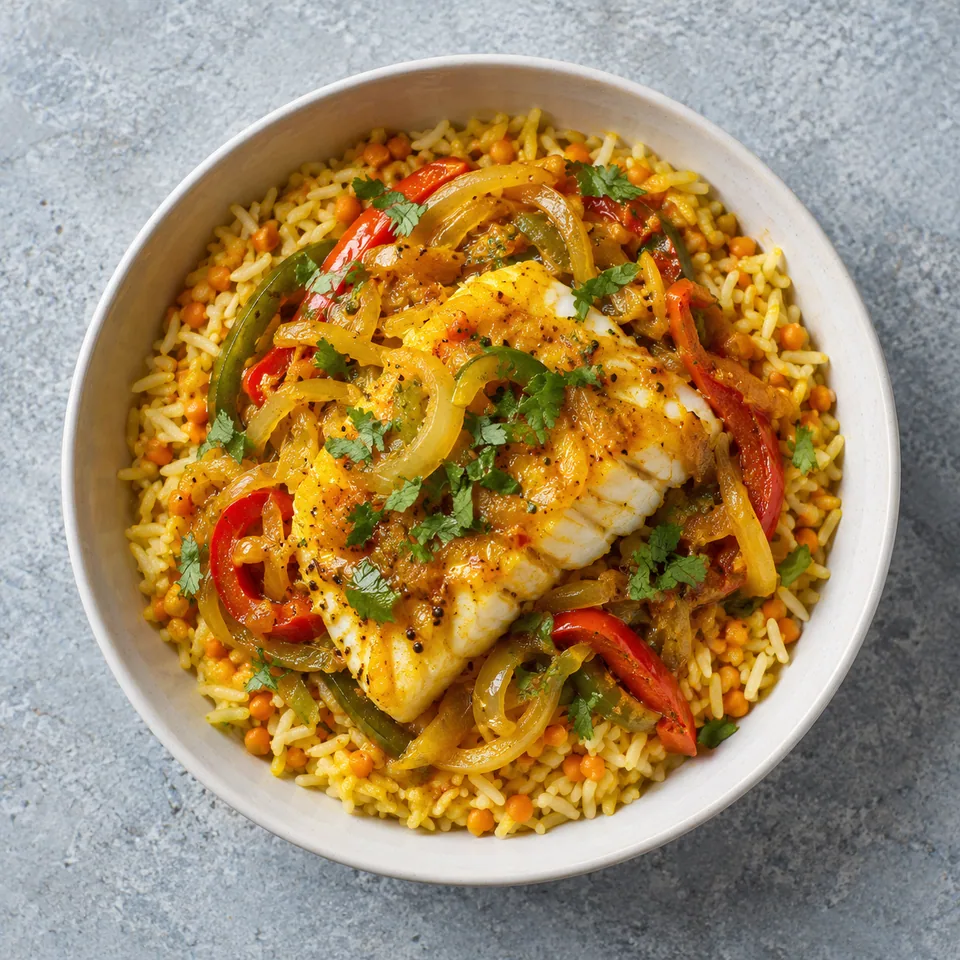 Vindaye de cabillaud mauricien, riz et lentilles : portion dans un bol blanc avec poisson blanc, riz doré et oignons épicés.
