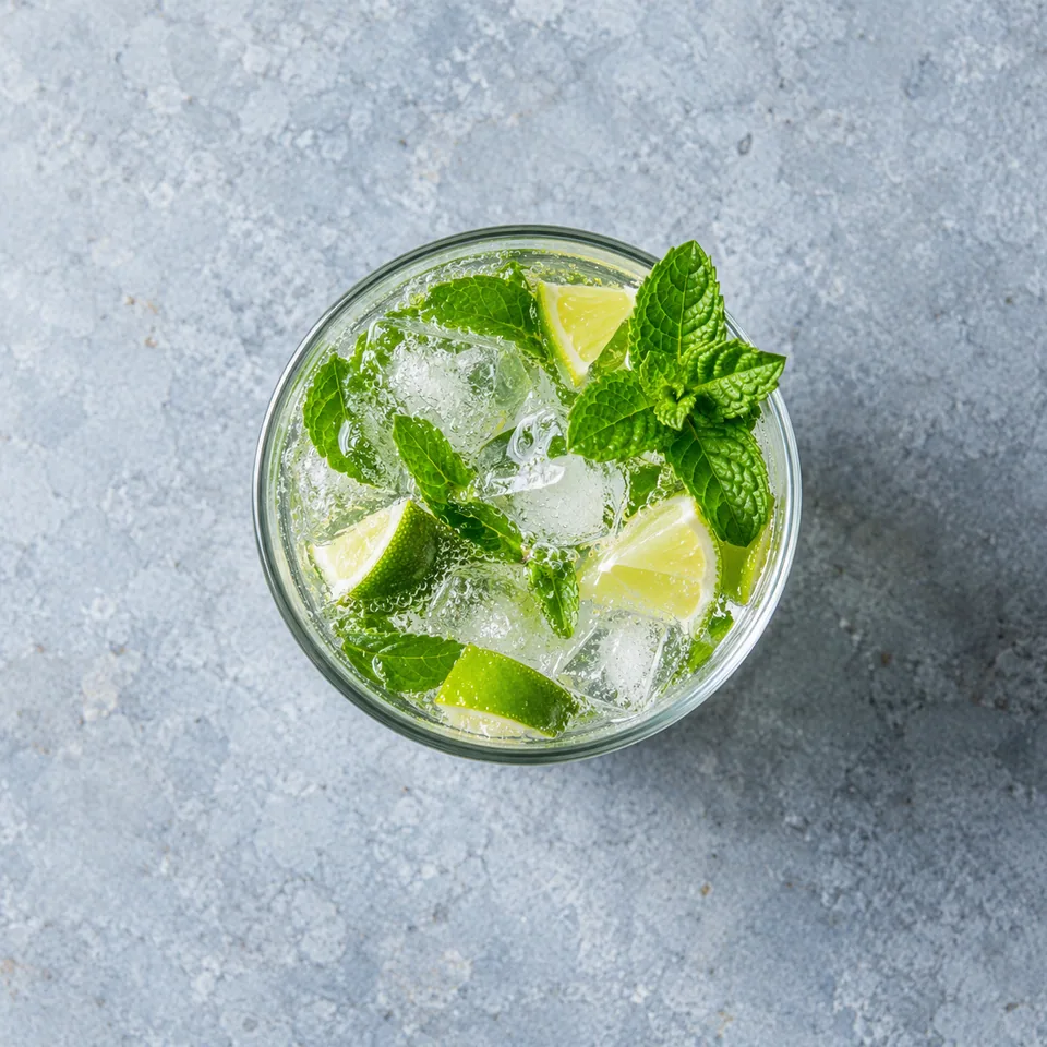 Virgin mojito : deux verres avec glaçons, quartiers de citron vert jaune et feuilles de menthe verte.