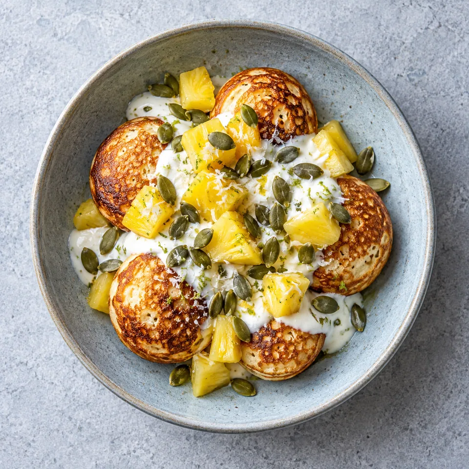 Vitumbua, pancakes de riz à la coco : galettes dorées nappées de yaourt, ananas et graines de courge sur assiette bleue.