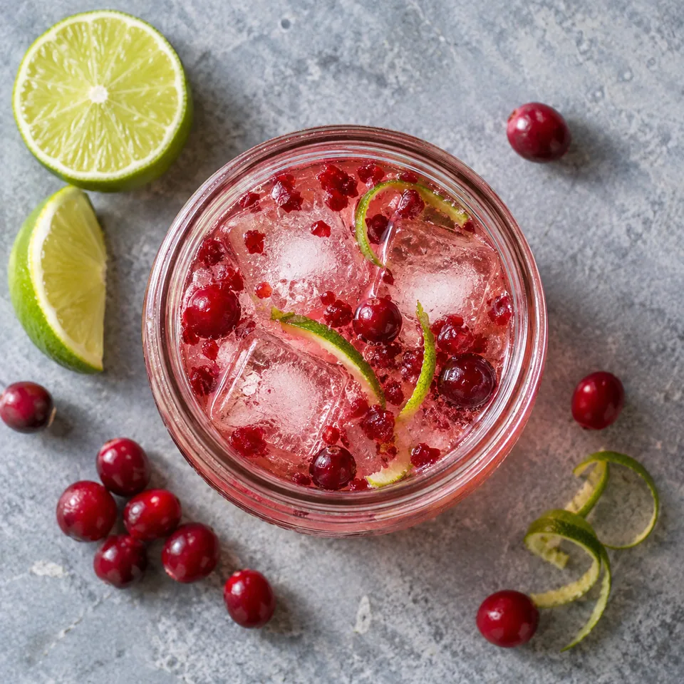 Vodka aux airelles, citron et miel : boisson rosée avec airelles écrasées, zeste de citron et glaçons dans un bocal en verre.