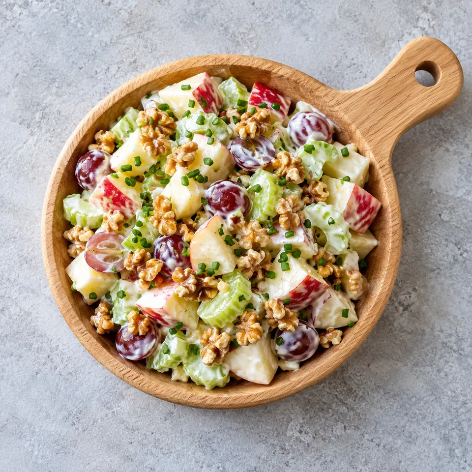 Salade Waldorf express à la pomme, céleri et noix sur planche en bois