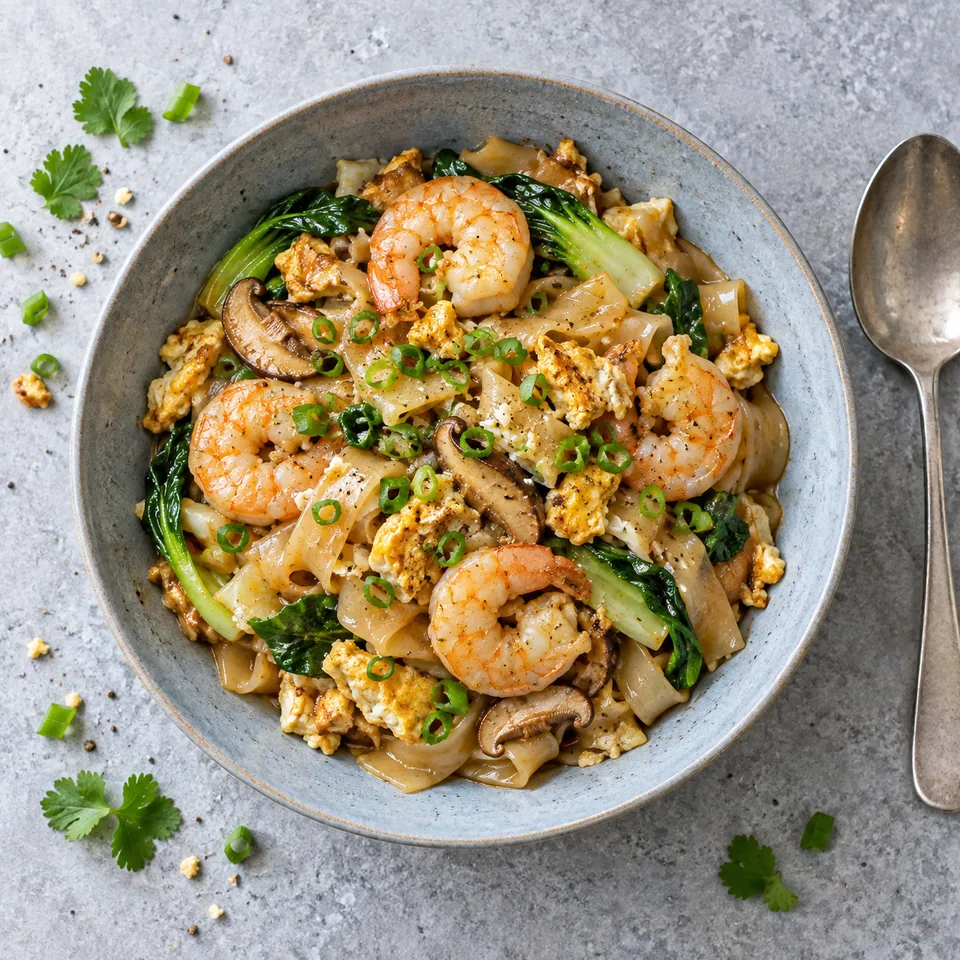 Wat dan hor fun : nouilles de riz aux crevettes, pak choï et œuf dur sur assiette bleue.