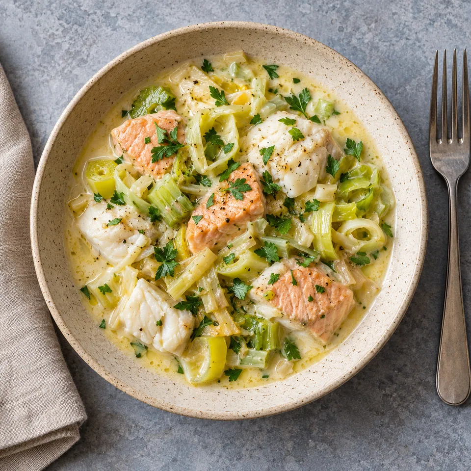 Waterzooi de poisson aux poireaux et céleri : morceaux de cabillaud et saumon dans une sauce crémeuse dorée, garnis de légumes tendres et de persil frais sur une assiette beige.