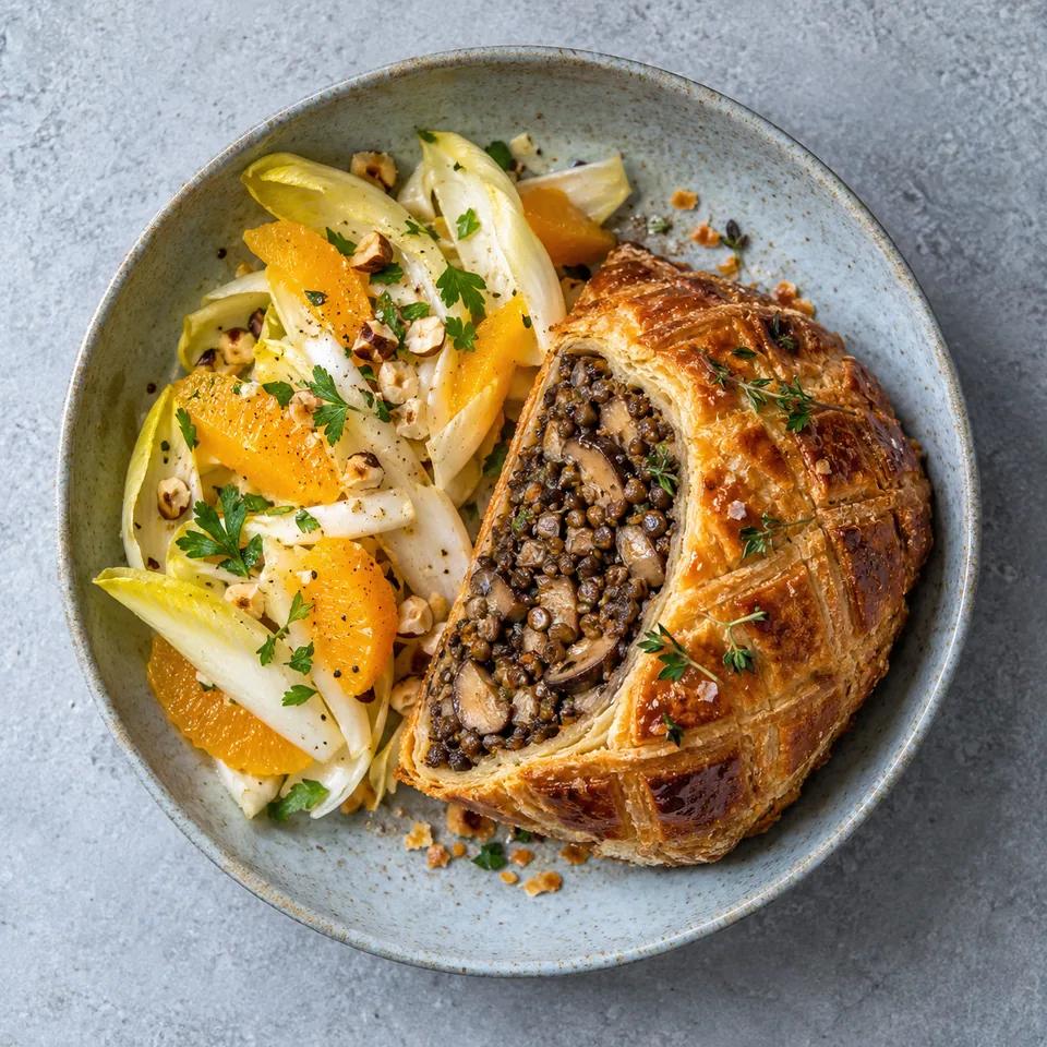 Part de Wellington aux champignons et lentilles sur assiette, accompagné d'endives et oranges.