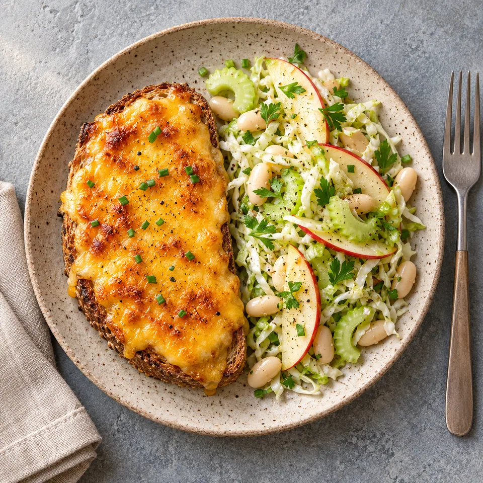 Assiette beige avec Welsh rarebit au cheddar doré et salade croquante de chou, céleri, pomme et haricots blancs.