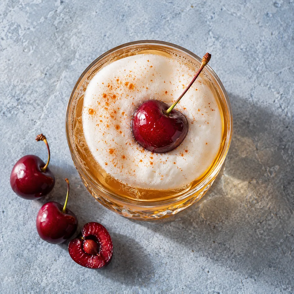 Whisky sour à la cerise, mousse d’aquafaba : boisson ambrée mousseuse avec une cerise rouge sur le dessus.