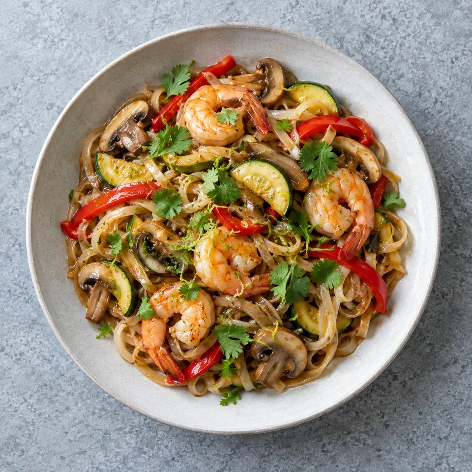 Wok de crevettes aux champignons : nouilles, crevettes, légumes colorés et coriandre dans une assiette.