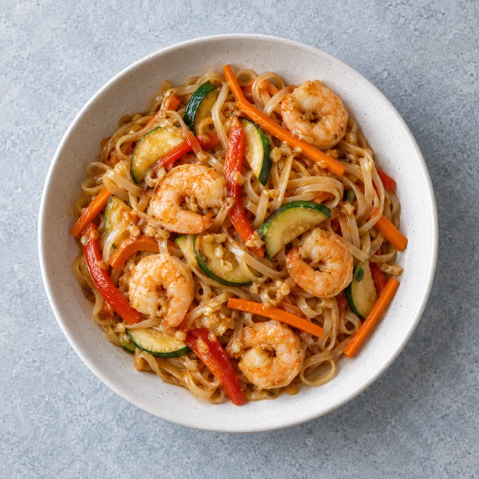 Wok de crevettes aux légumes : nouilles de riz, crevettes roses, carotte, poivron et courgette nappés de sauce soja.