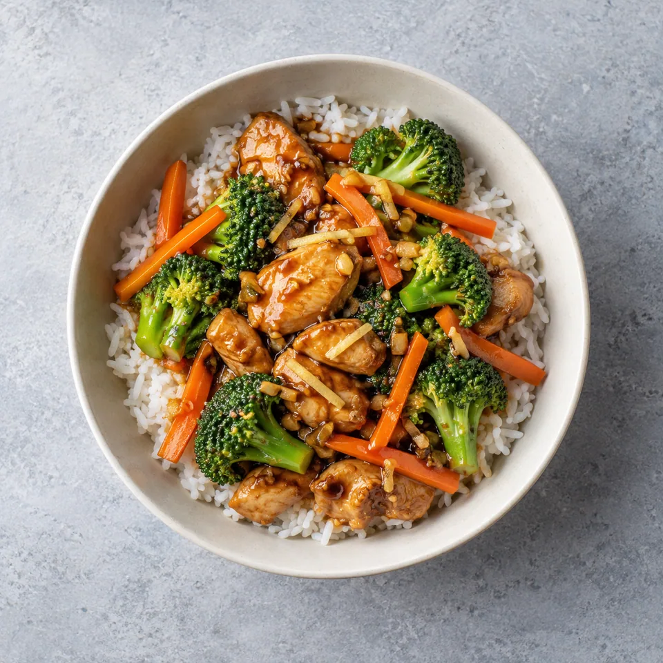 Wok de poulet au brocoli et gingembre : riz blanc garni de poulet, brocoli vert et lamelles de carotte nappés de sauce.