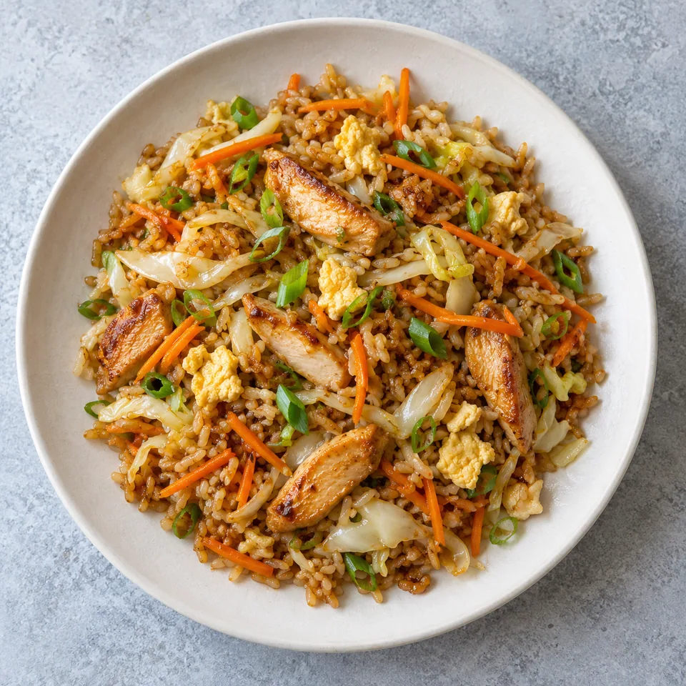 Wok de poulet au chou, carottes et gingembre servi sur une assiette blanche, avec riz, poulet doré, légumes colorés et œuf brouillé.