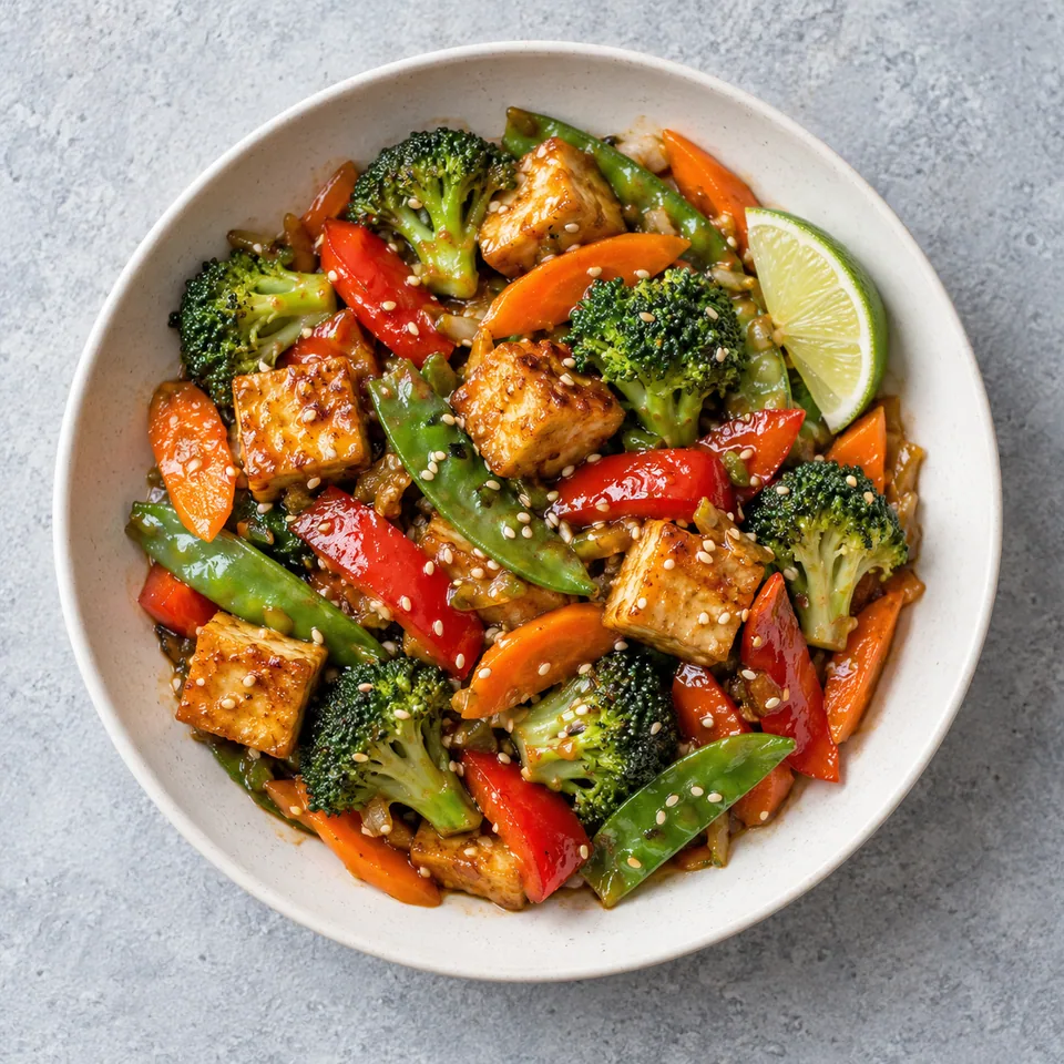 Wok de tofu aux légumes croquants : tofu doré, brocoli, poivron rouge, carotte et pois gourmands nappés de sauce, avec sésame et citron vert.