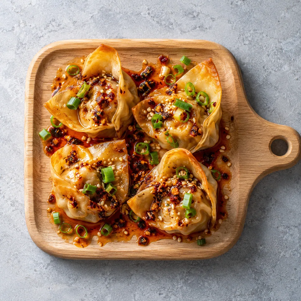Wontons à l’huile pimentée du Sichuan sur planche en bois, nappés de sauce rouge brillante, ciboule verte et sésame.
