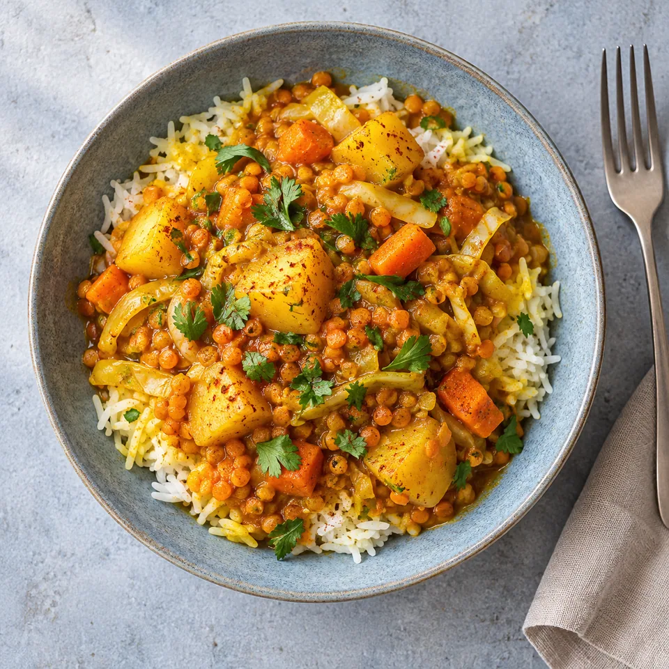 Wot de pommes de terre aux épices douces : légumes fondants et lentilles dans une sauce orange, servi avec du riz.