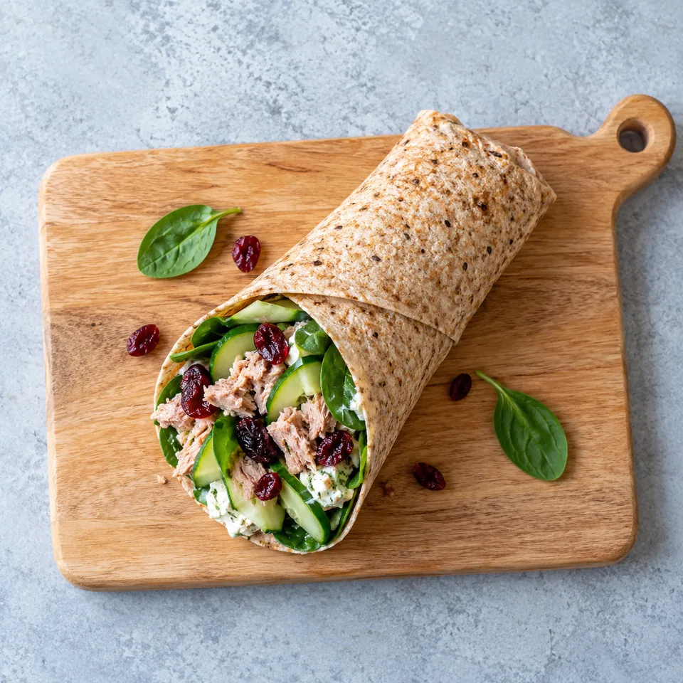 Wrap au thon, fromage frais, épinards et cranberries servi sur une planche en bois.